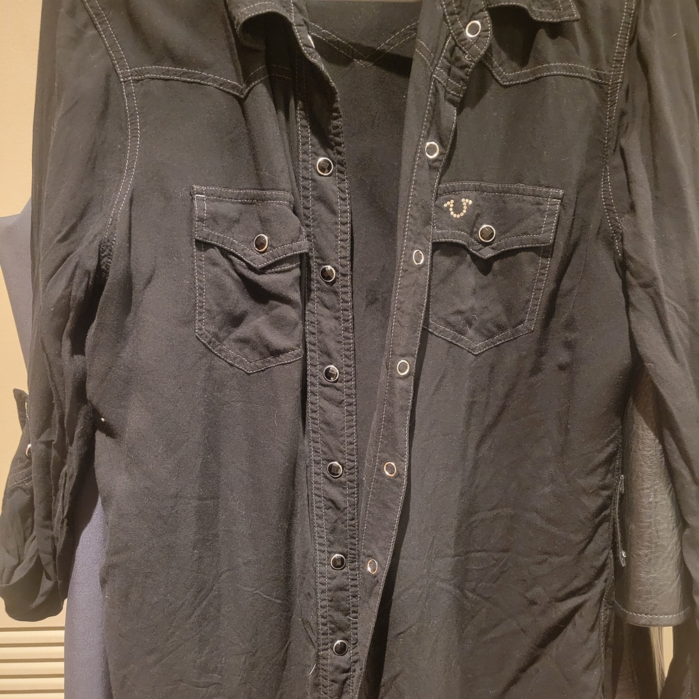 Black Button-Up Shirt with Embroidered Logo